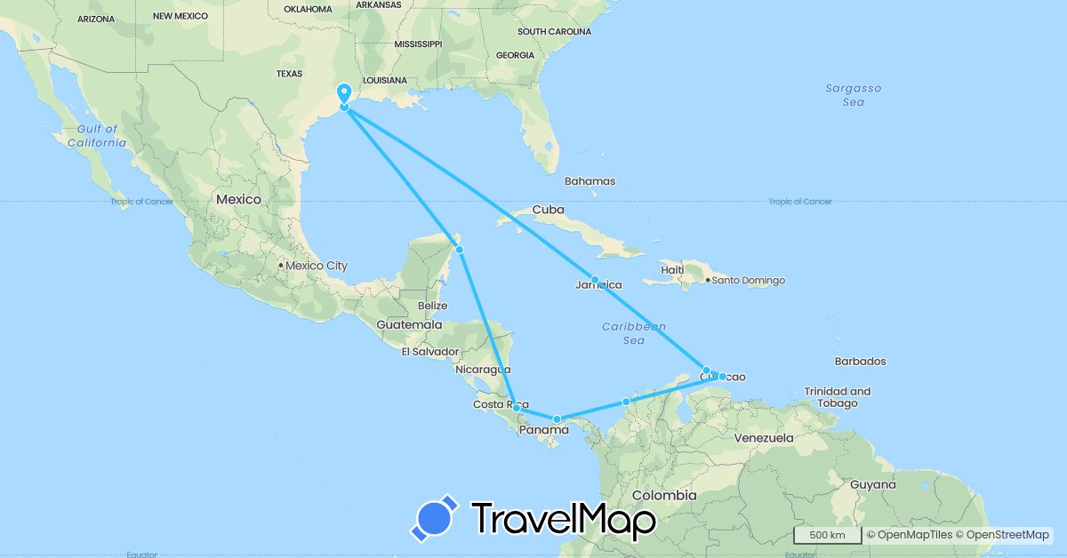TravelMap itinerary: driving, boat in Colombia, Costa Rica, Jamaica, Mexico, Netherlands, Panama, United States (Europe, North America, South America)
